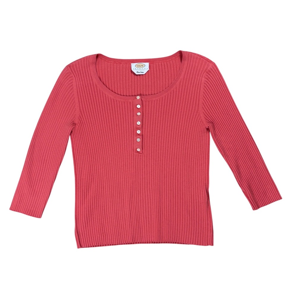 Talbots Petites Coral Pink Ribbed Pima Cotton Henley Long Sleeve Top Size P